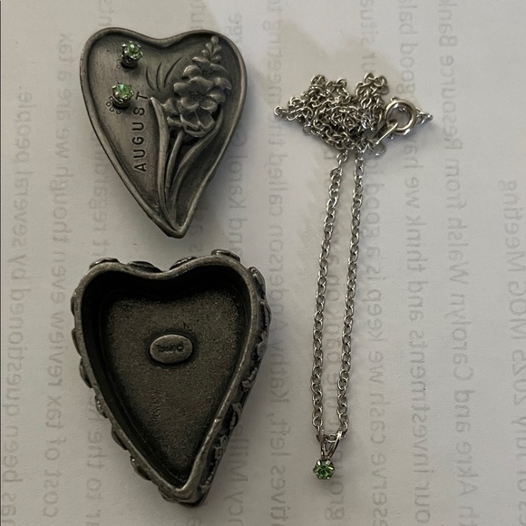 Jewelry - Silver Heart Pendant Necklace with peridot earrings and pewter box.